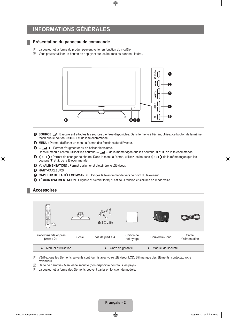 Informations générales, Présentation du panneau de commande, Accessoires | Samsung LE46B530P7W User Manual | Page 40 / 336