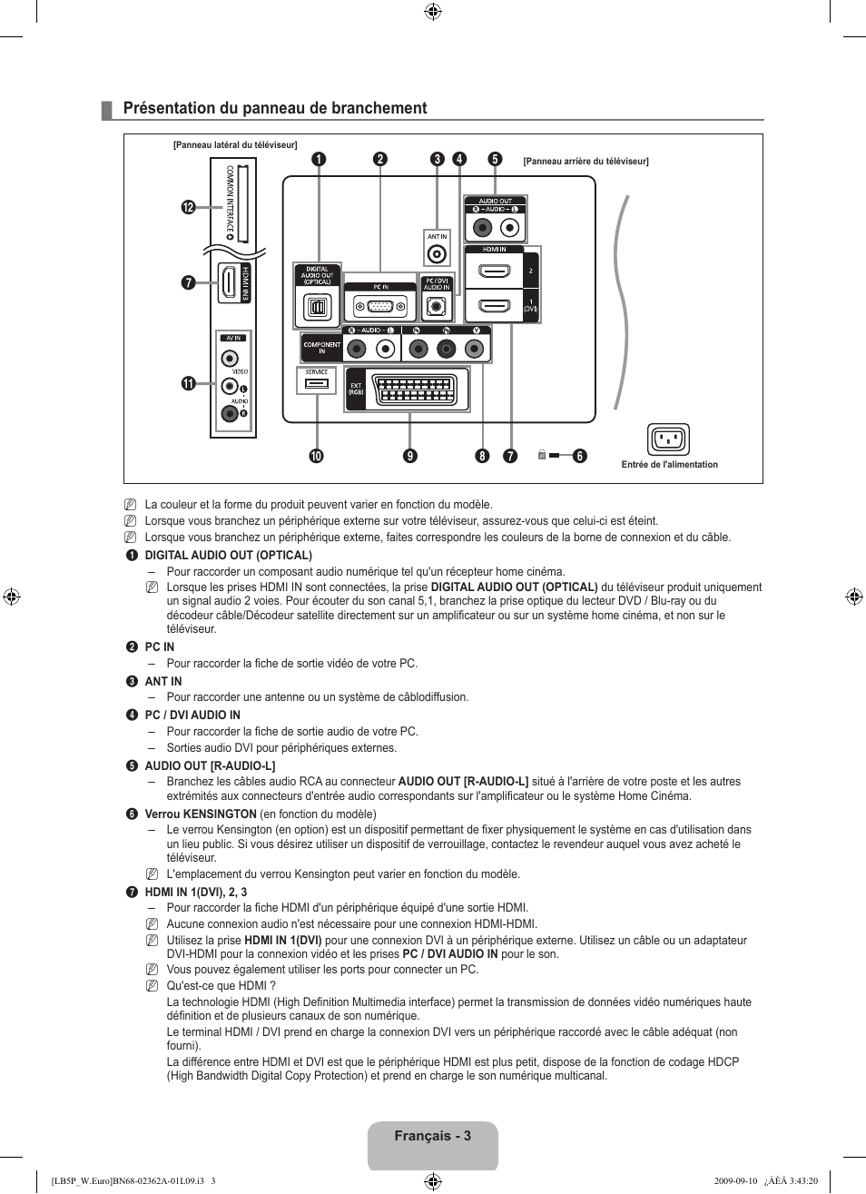 Présentation du panneau de branchement | Samsung LE46B530P7W User Manual | Page 41 / 336