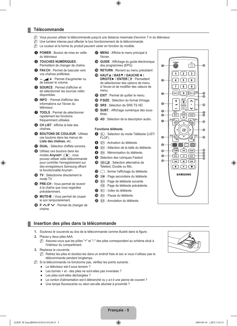 Télécommande, Insertion des piles dans la télécommande | Samsung LE46B530P7W User Manual | Page 43 / 336