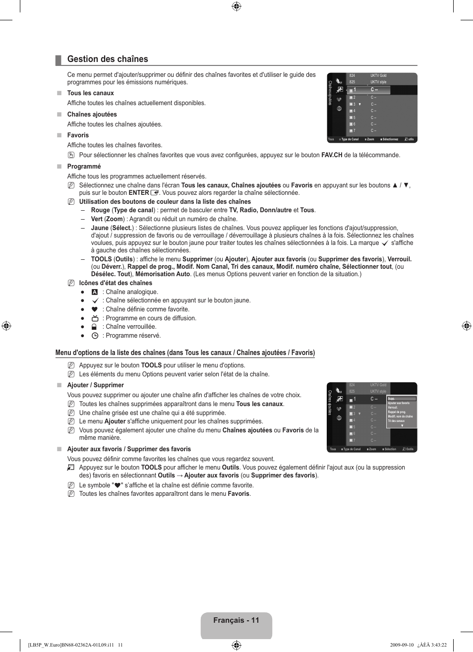 Gestion des chaînes, Français - 11 | Samsung LE46B530P7W User Manual | Page 49 / 336