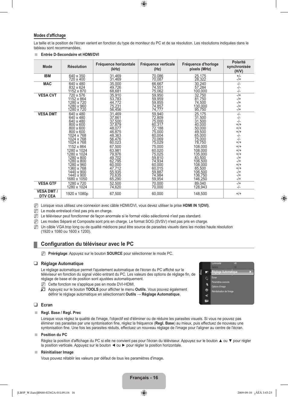 Configuration du téléviseur avec le pc | Samsung LE46B530P7W User Manual | Page 54 / 336