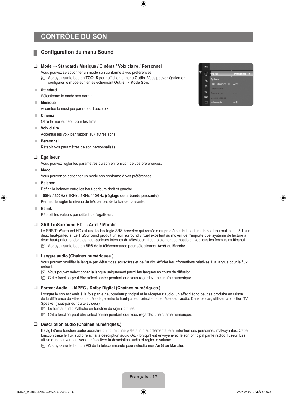 Contrôle du son, Configuration du menu sound | Samsung LE46B530P7W User Manual | Page 55 / 336