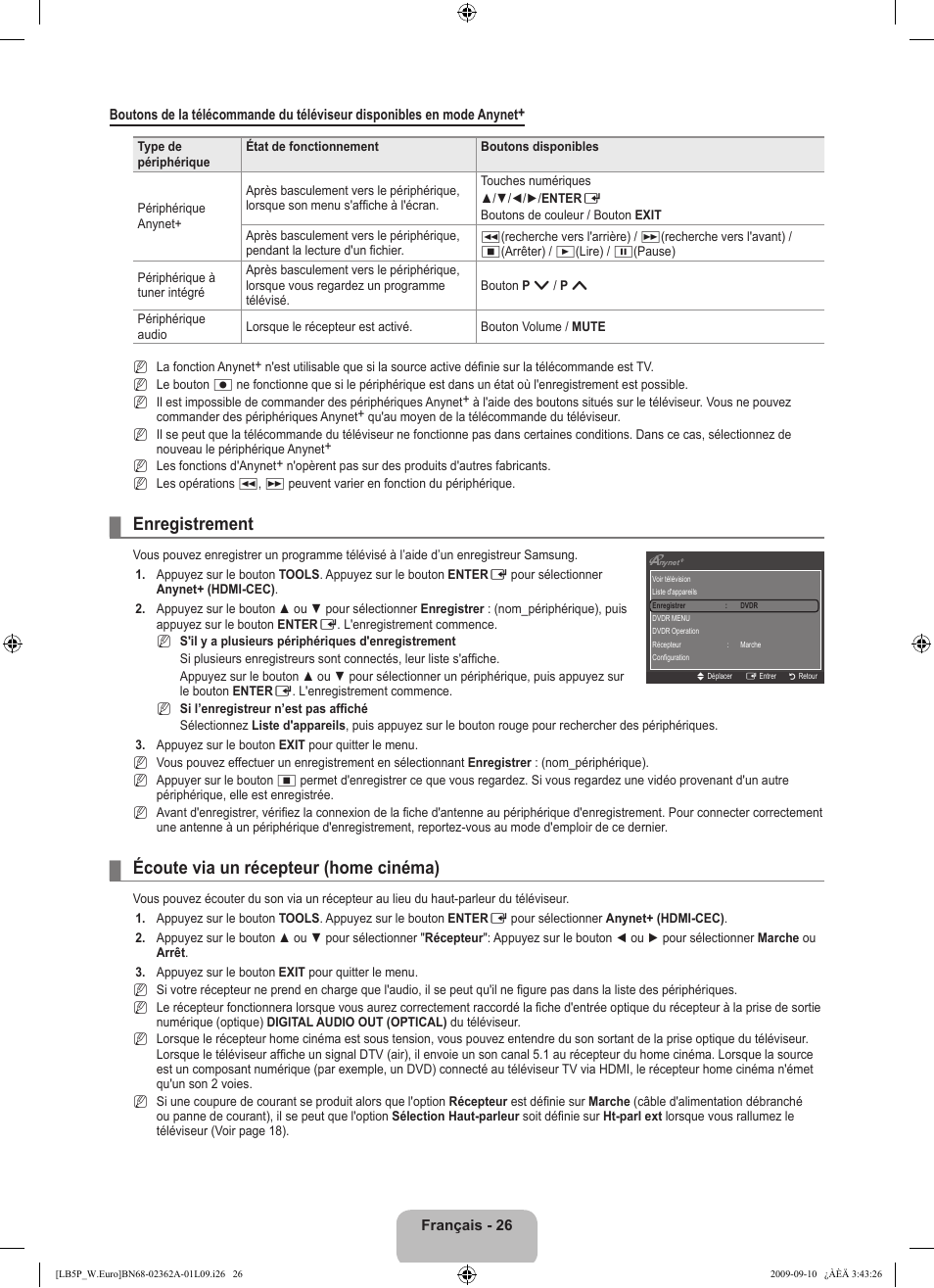 Enregistrement, Écoute via un récepteur (home cinéma) | Samsung LE46B530P7W User Manual | Page 64 / 336