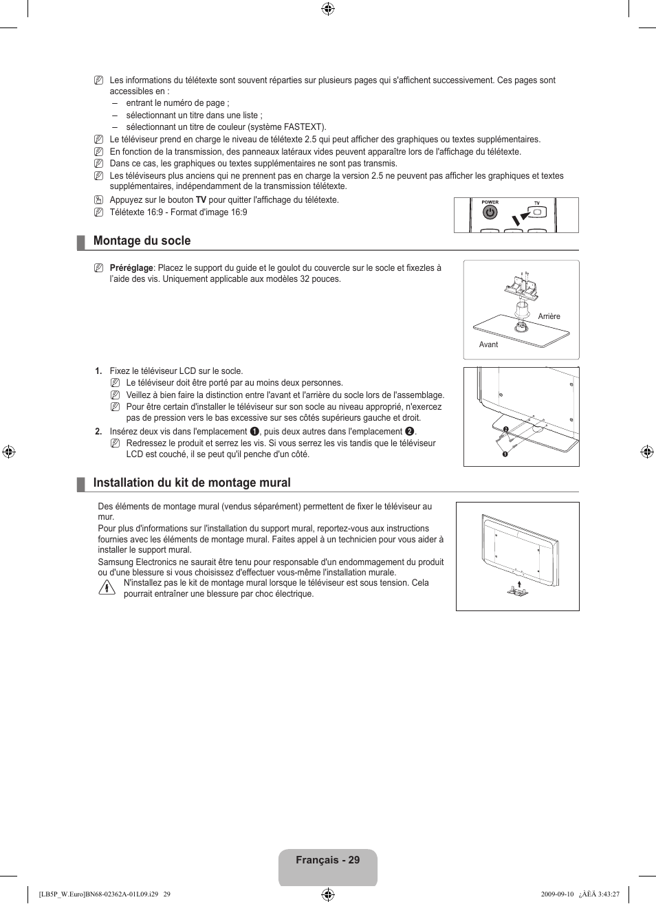 Montage du socle, Installation du kit de montage mural | Samsung LE46B530P7W User Manual | Page 67 / 336