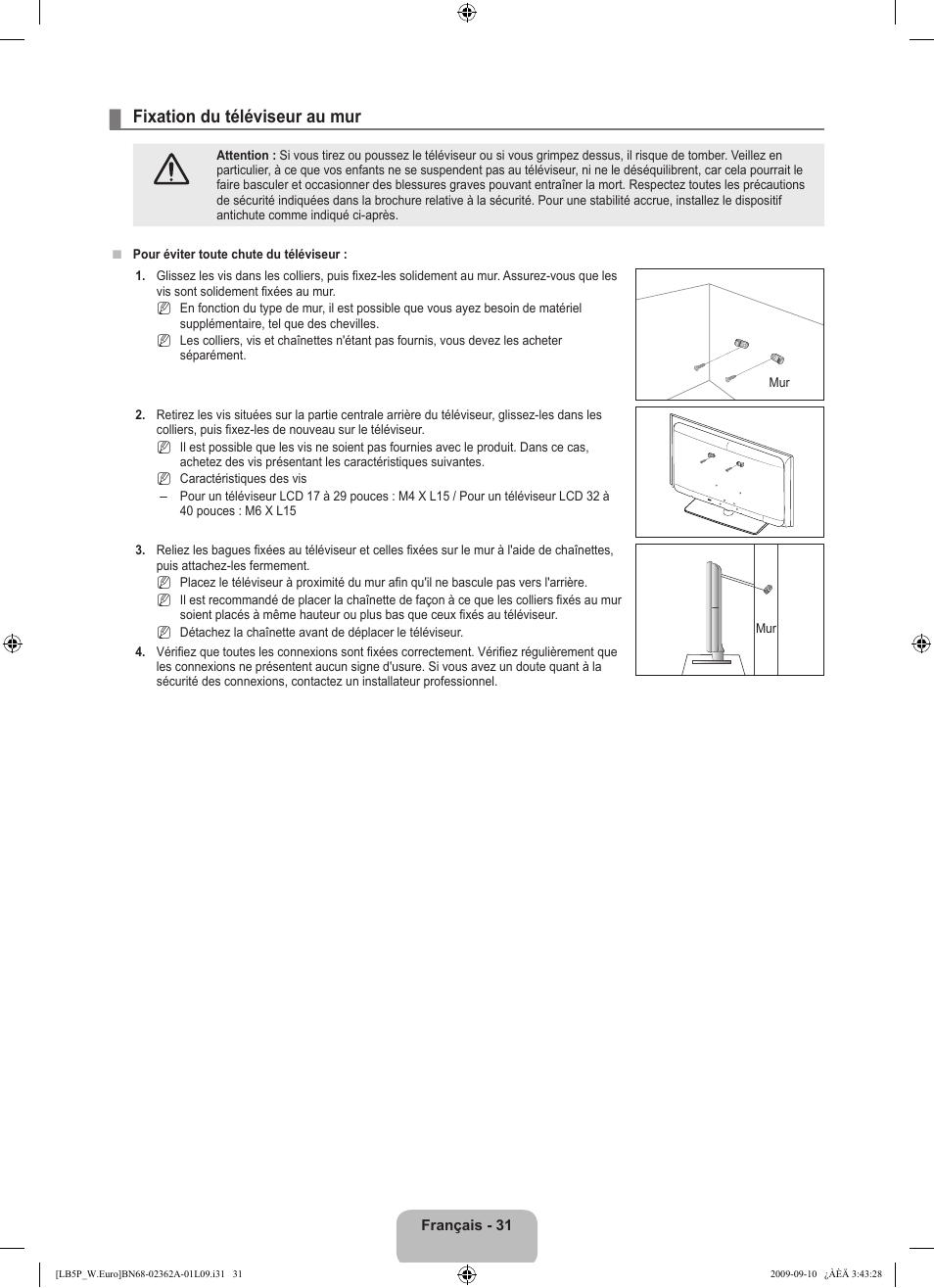 Fixation du téléviseur au mur | Samsung LE46B530P7W User Manual | Page 69 / 336