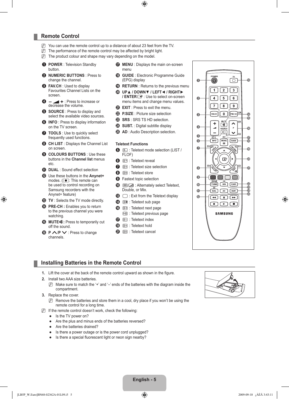 Remote control, Installing batteries in the remote control | Samsung LE46B530P7W User Manual | Page 7 / 336