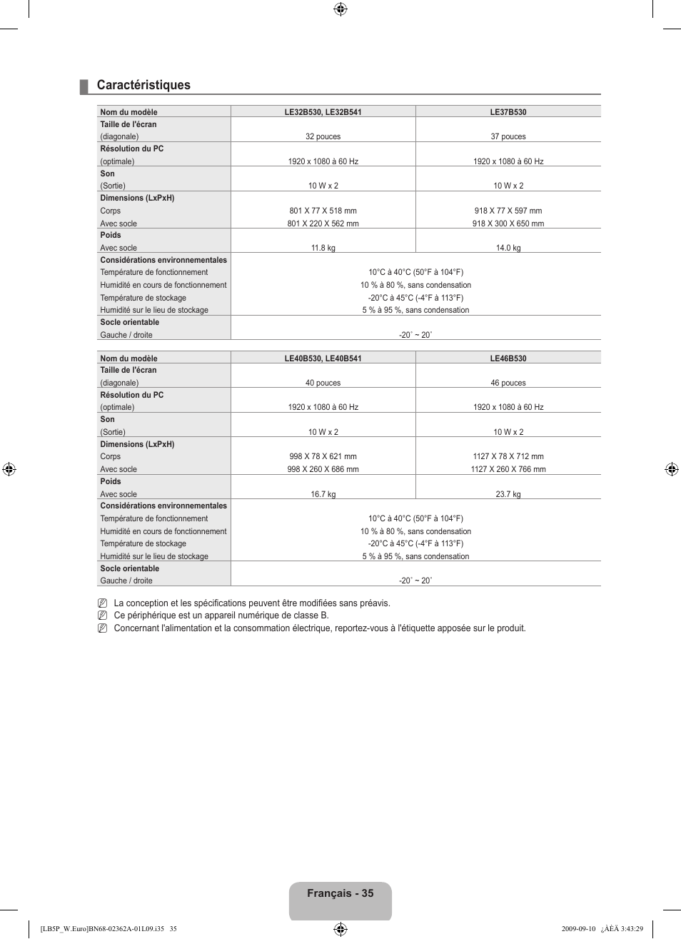 Caractéristiques, Français - 35 | Samsung LE46B530P7W User Manual | Page 73 / 336