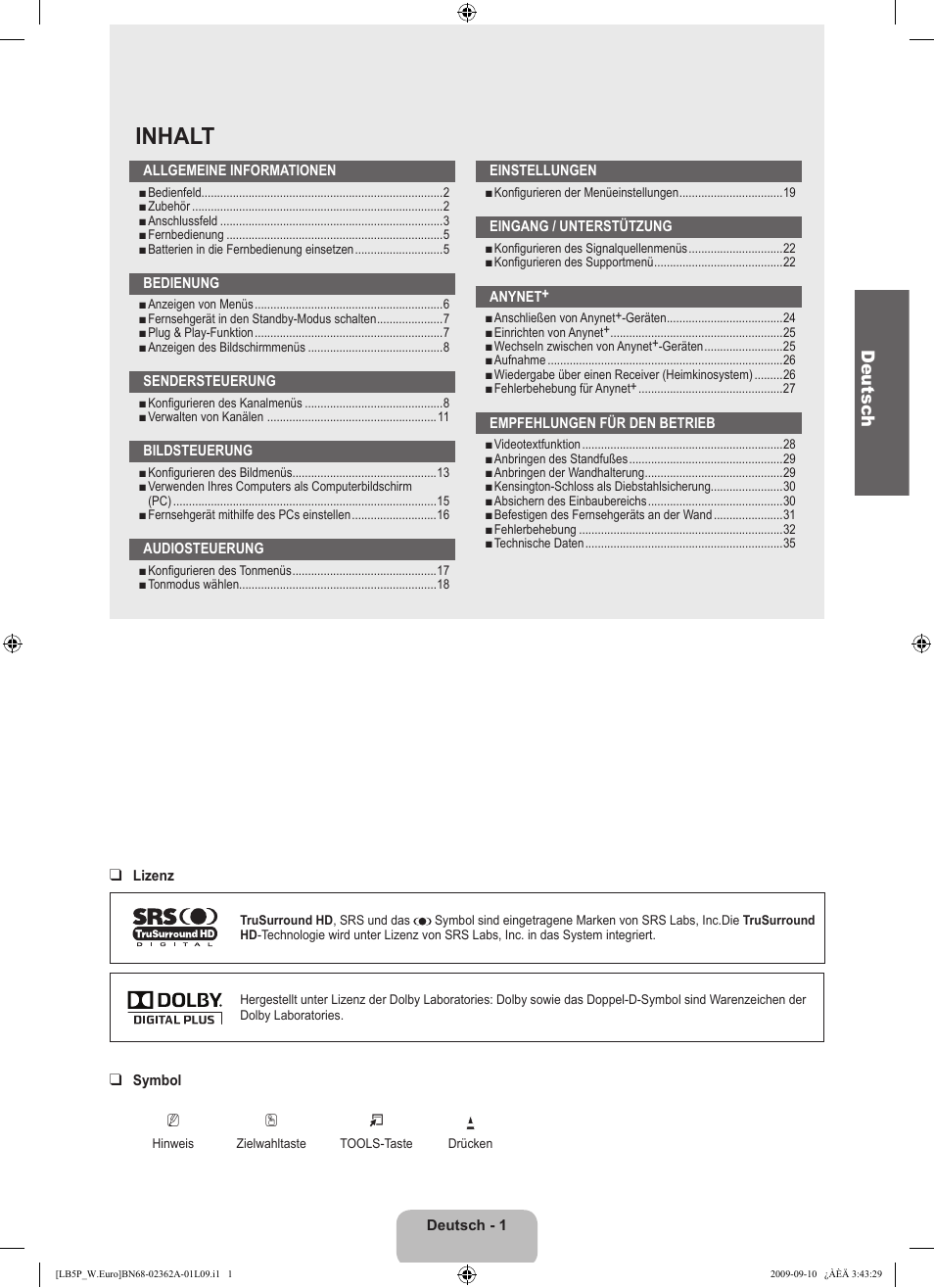 Inhalt, Deutsc h | Samsung LE46B530P7W User Manual | Page 75 / 336