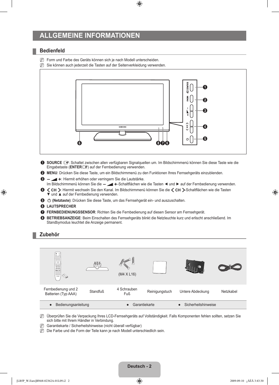 Allgemeine informationen, Bedienfeld, Zubehör | Samsung LE46B530P7W User Manual | Page 76 / 336