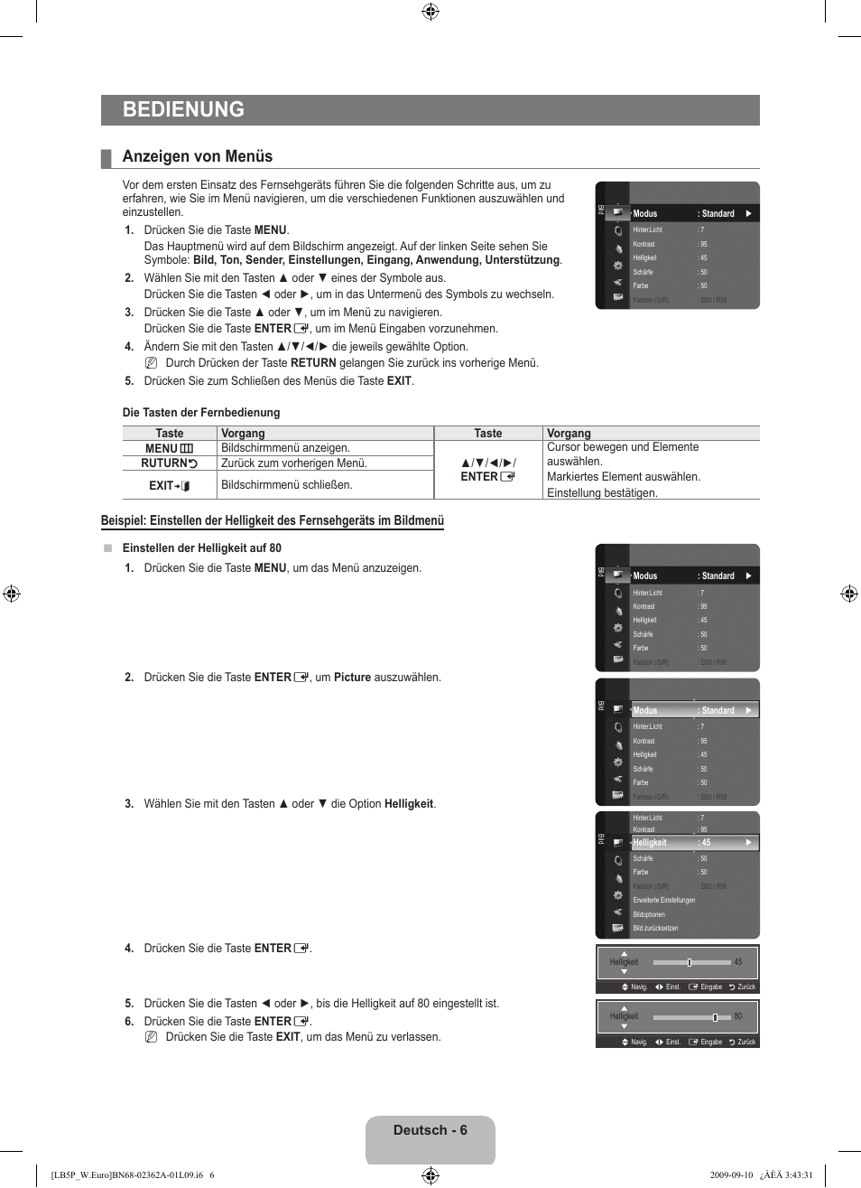 Bedienung, Anzeigen von menüs, Deutsch - 6 | Samsung LE46B530P7W User Manual | Page 80 / 336