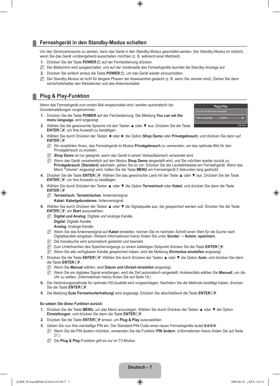 Fernsehgerät in den standby-modus schalten, Plug & play-funktion | Samsung LE46B530P7W User Manual | Page 81 / 336