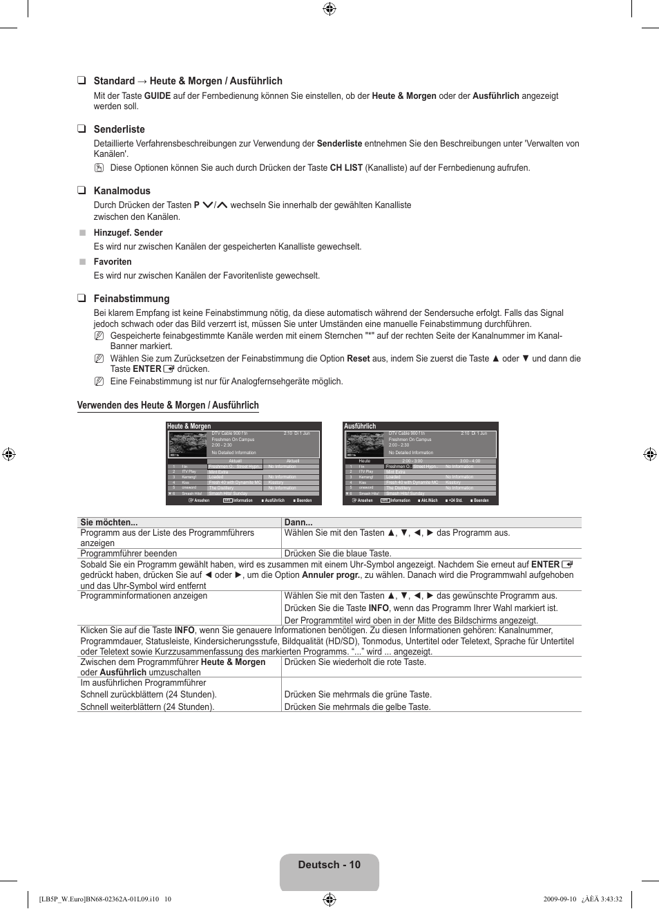 Senderliste, Kanalmodus, Feinabstimmung | Verwenden des heute & morgen / ausführlich | Samsung LE46B530P7W User Manual | Page 84 / 336