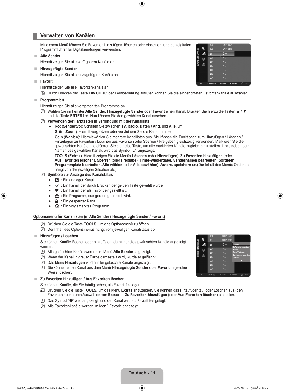 Verwalten von kanälen, Deutsch - 11 | Samsung LE46B530P7W User Manual | Page 85 / 336