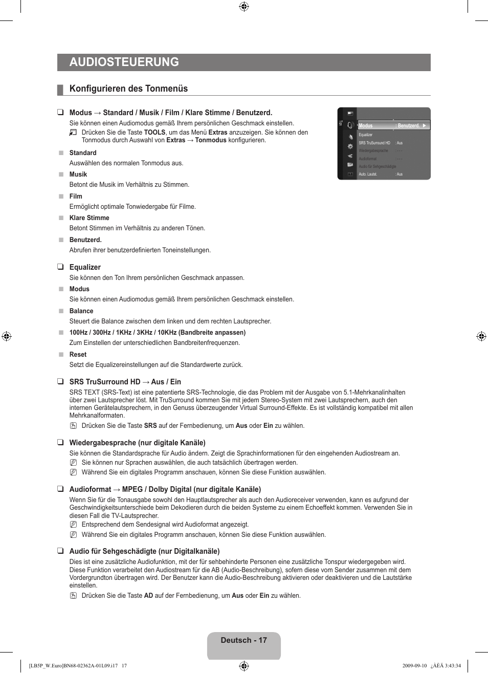 Audiosteuerung, Konfigurieren des tonmenüs | Samsung LE46B530P7W User Manual | Page 91 / 336