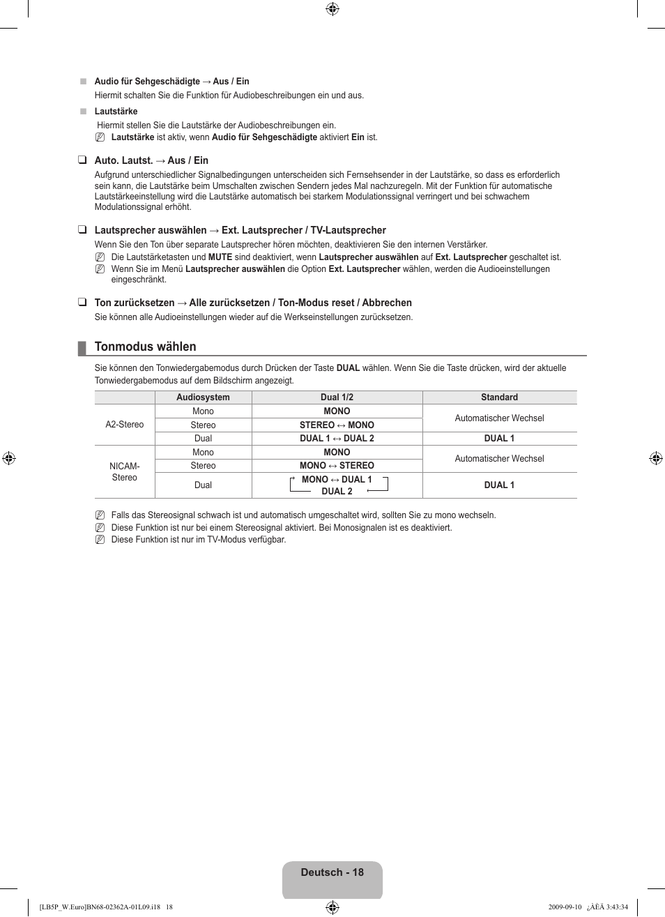 Tonmodus wählen | Samsung LE46B530P7W User Manual | Page 92 / 336