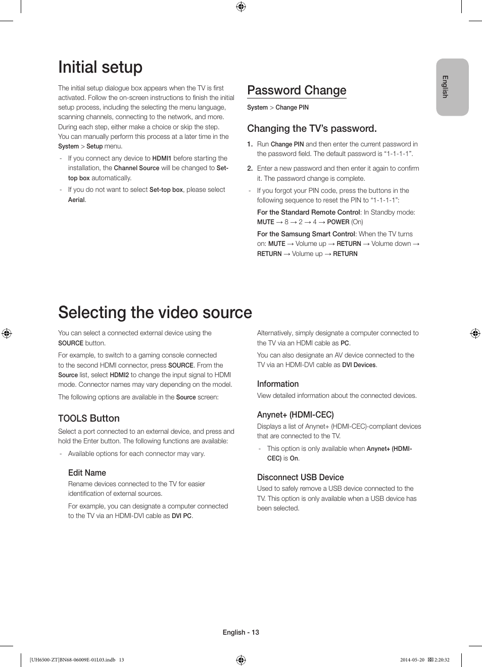 Initial setup, Selecting the video source, Password change | Changing the tv’s password, Button, Tools | Samsung UE55H6500SZ User Manual | Page 13 / 71