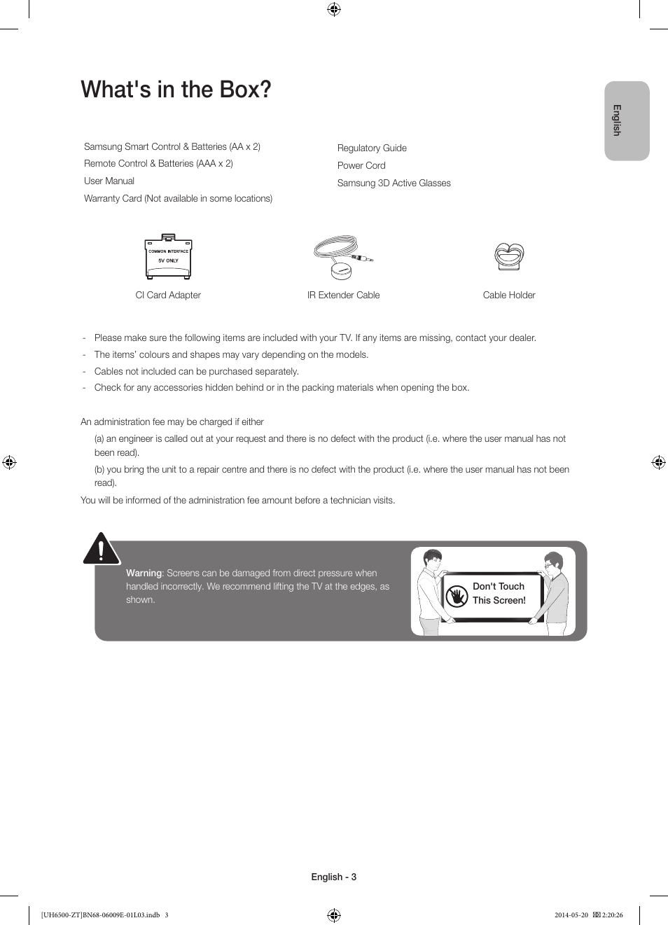 What's in the box | Samsung UE55H6500SZ User Manual | Page 3 / 71