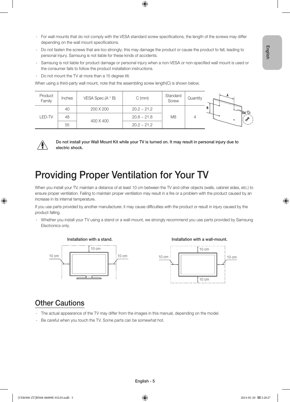 Providing proper ventilation for your tv, Other cautions | Samsung UE55H6500SZ User Manual | Page 5 / 71