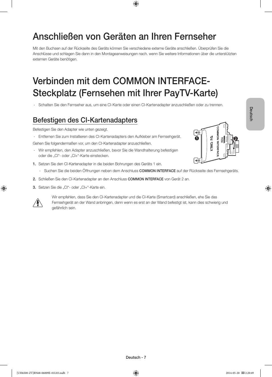 Anschließen von geräten an ihren fernseher, Befestigen des ci-kartenadapters | Samsung UE55H6500SZ User Manual | Page 54 / 71