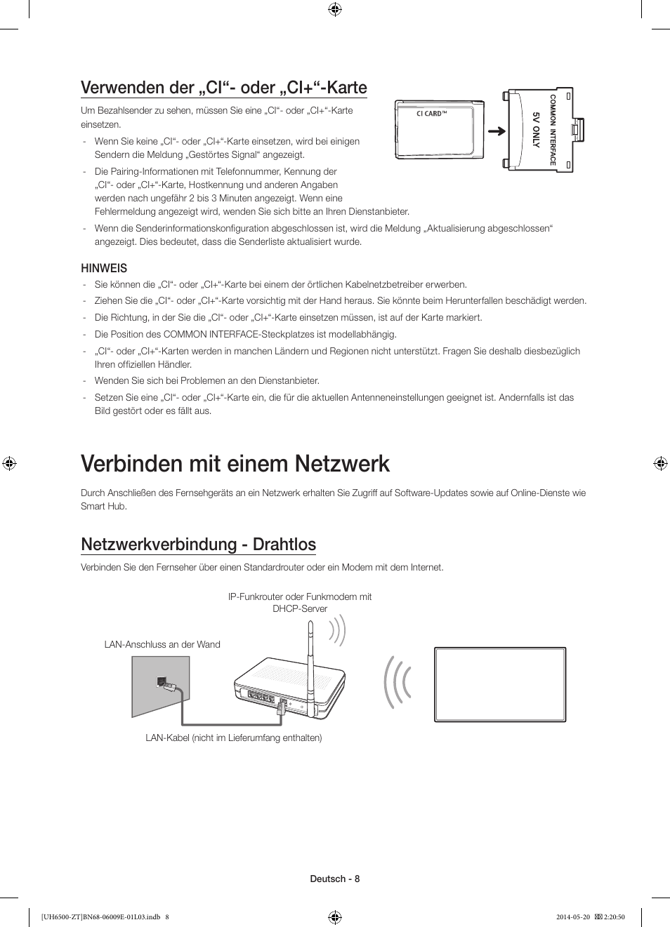 Verbinden mit einem netzwerk, Verwenden der „ci“- oder „ci+“-karte, Netzwerkverbindung - drahtlos | Samsung UE55H6500SZ User Manual | Page 55 / 71