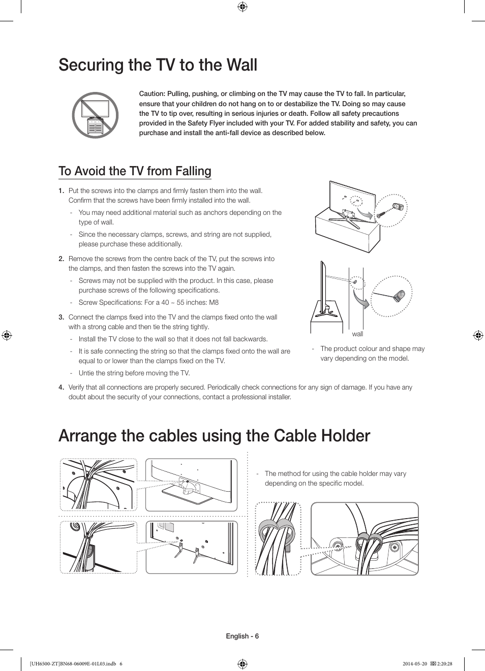 Securing the tv to the wall, Arrange the cables using the cable holder | Samsung UE55H6500SZ User Manual | Page 6 / 71