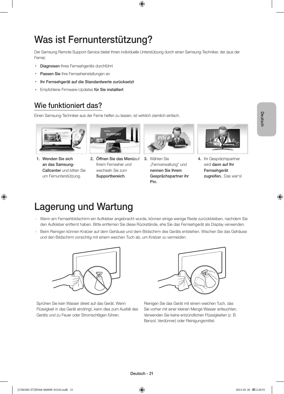 Was ist fernunterstützung, Lagerung und wartung, Wie funktioniert das | Samsung UE55H6500SZ User Manual | Page 68 / 71