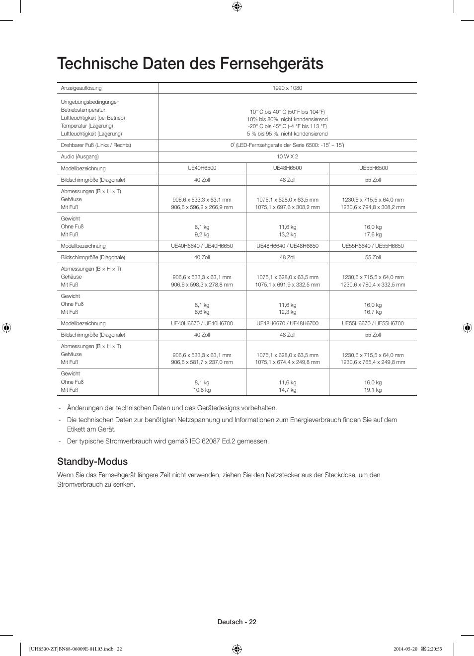 Technische daten des fernsehgeräts, Standby-modus | Samsung UE55H6500SZ User Manual | Page 69 / 71