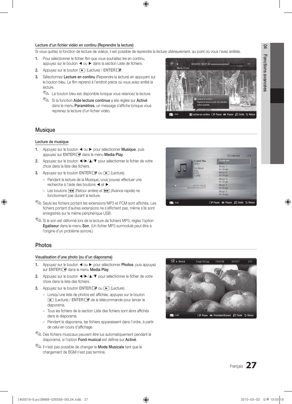 Musique, Photos | Samsung UE26C4000PW User Manual | Page 111 / 170