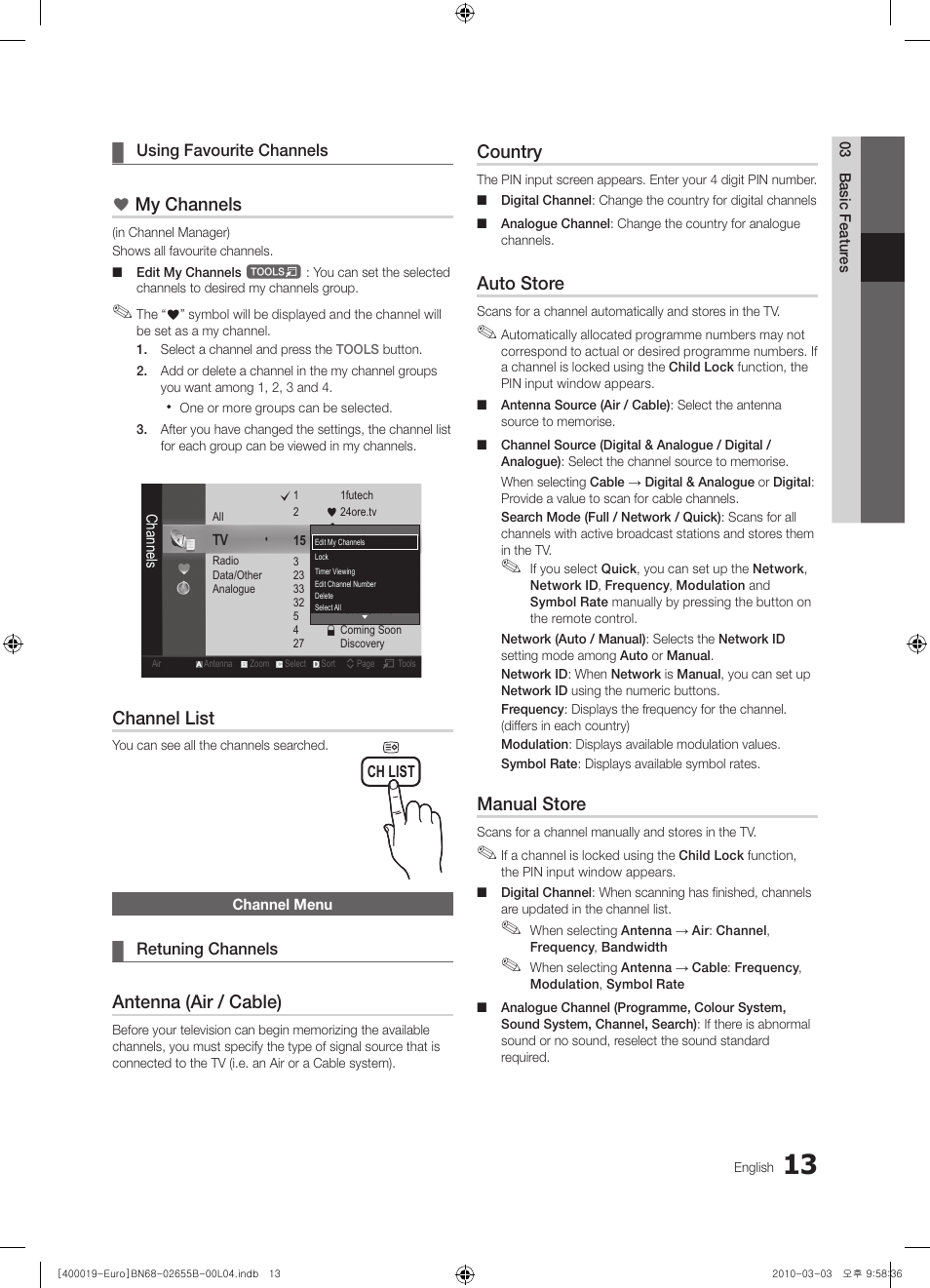 My channels, Channel list, Antenna (air / cable) | Country, Auto store, Manual store | Samsung UE26C4000PW User Manual | Page 13 / 170