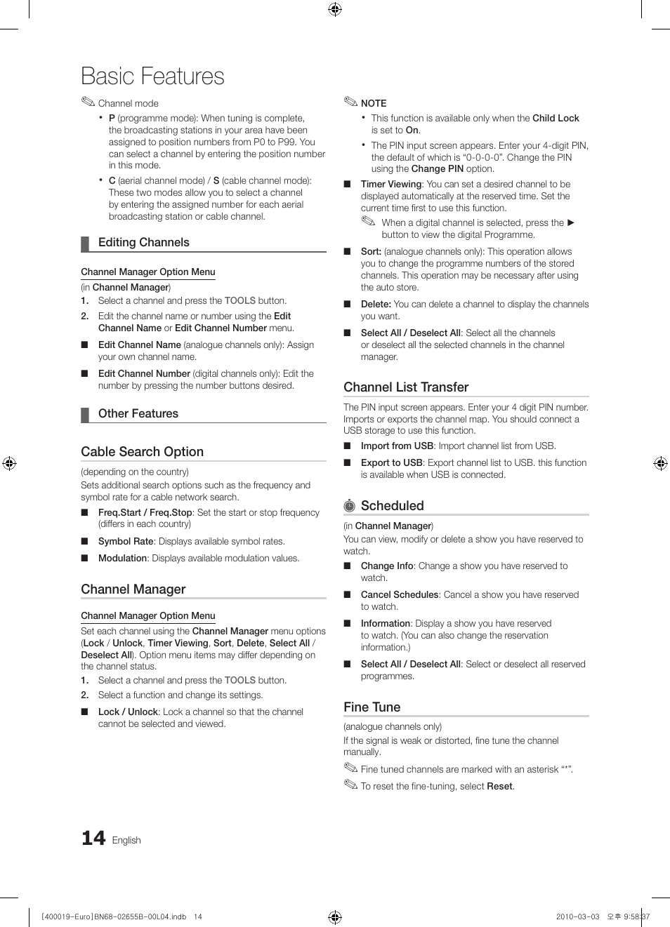Basic features, Cable search option, Channel manager | Channel list transfer, Scheduled, Fine tune | Samsung UE26C4000PW User Manual | Page 14 / 170