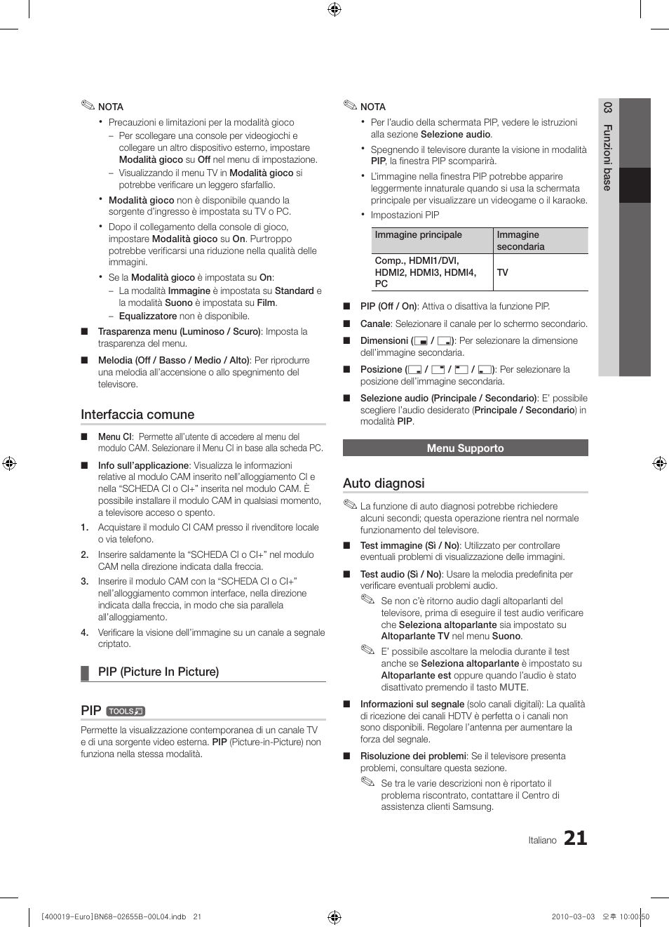Interfaccia comune, Auto diagnosi | Samsung UE26C4000PW User Manual | Page 147 / 170