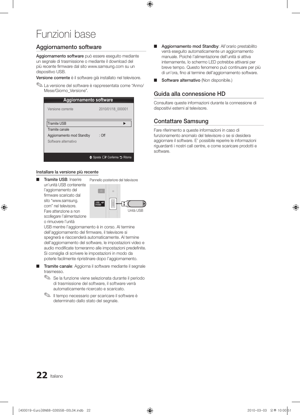 Funzioni base, Aggiornamento software, Guida alla connessione hd | Contattare samsung | Samsung UE26C4000PW User Manual | Page 148 / 170
