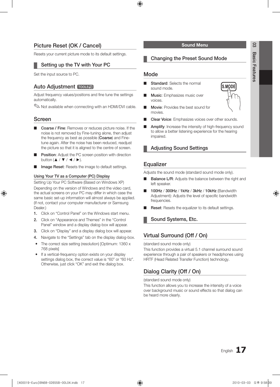 Picture reset (ok / cancel), Auto adjustment, Screen | Mode, Equalizer, Virtual surround (off / on), Dialog clarity (off / on) | Samsung UE26C4000PW User Manual | Page 17 / 170