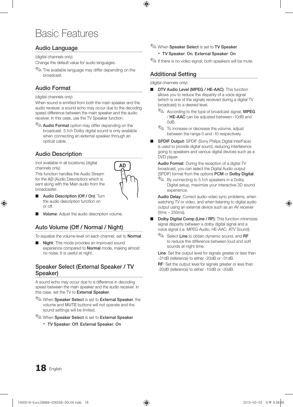 Basic features | Samsung UE26C4000PW User Manual | Page 18 / 170