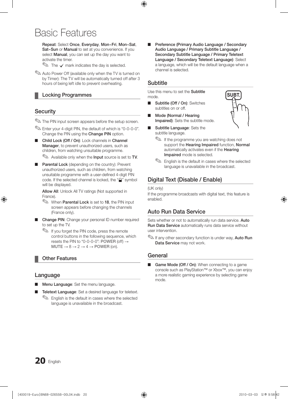 Basic features | Samsung UE26C4000PW User Manual | Page 20 / 170