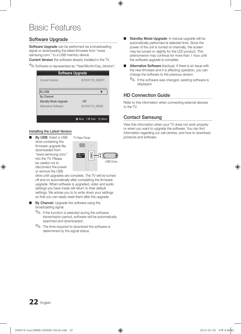 Basic features, Software upgrade, Hd connection guide | Contact samsung | Samsung UE26C4000PW User Manual | Page 22 / 170