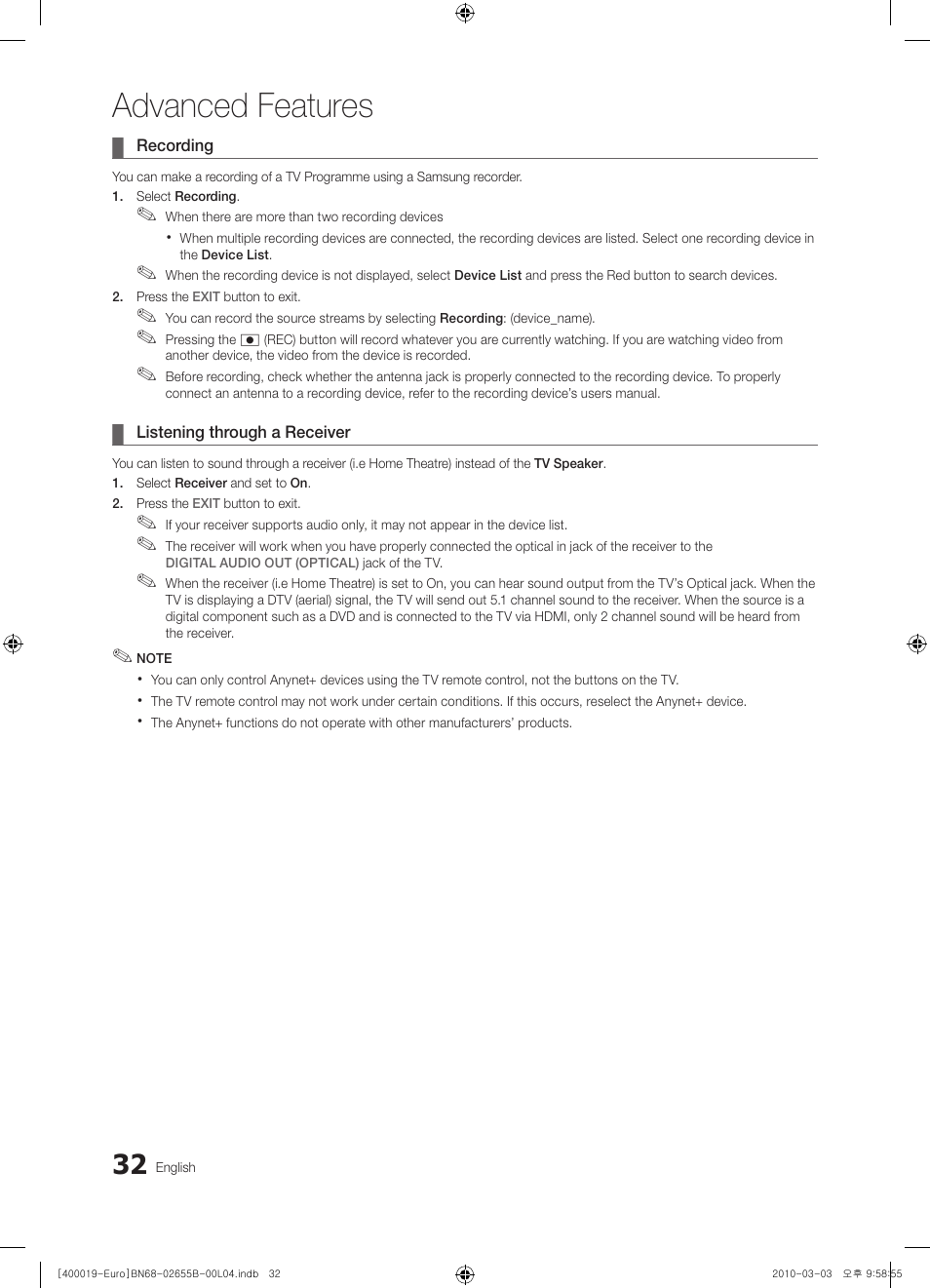 Advanced features | Samsung UE26C4000PW User Manual | Page 32 / 170