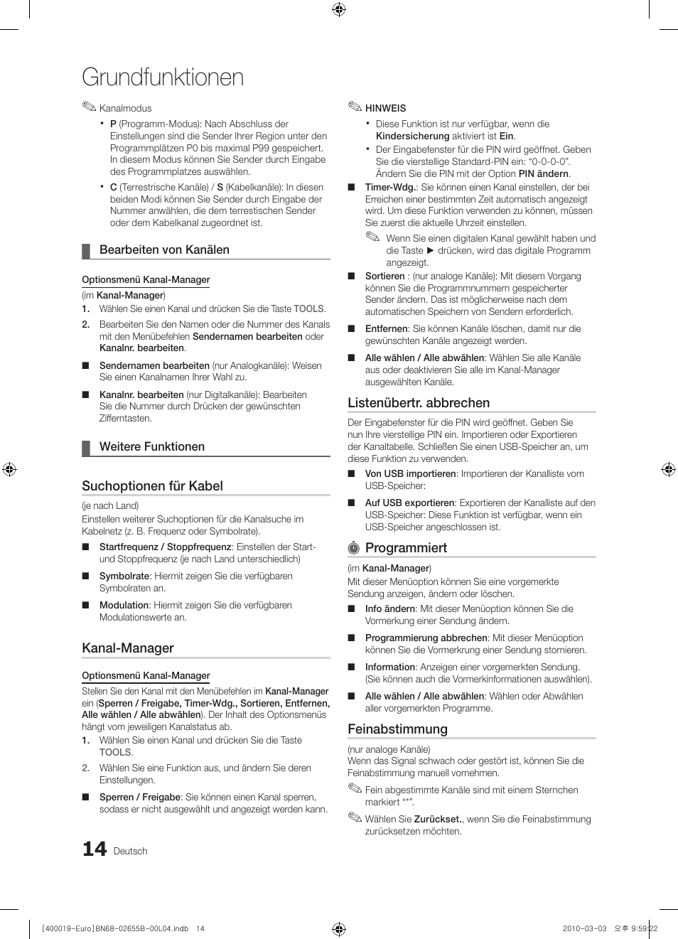 Grundfunktionen, Suchoptionen für kabel, Kanal-manager | Listenübertr. abbrechen, Programmiert, Feinabstimmung | Samsung UE26C4000PW User Manual | Page 56 / 170