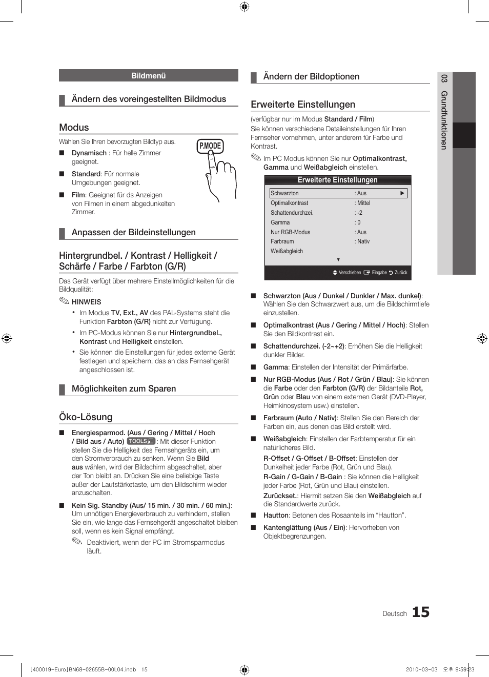 Modus, Öko-lösung, Erweiterte einstellungen | Samsung UE26C4000PW User Manual | Page 57 / 170