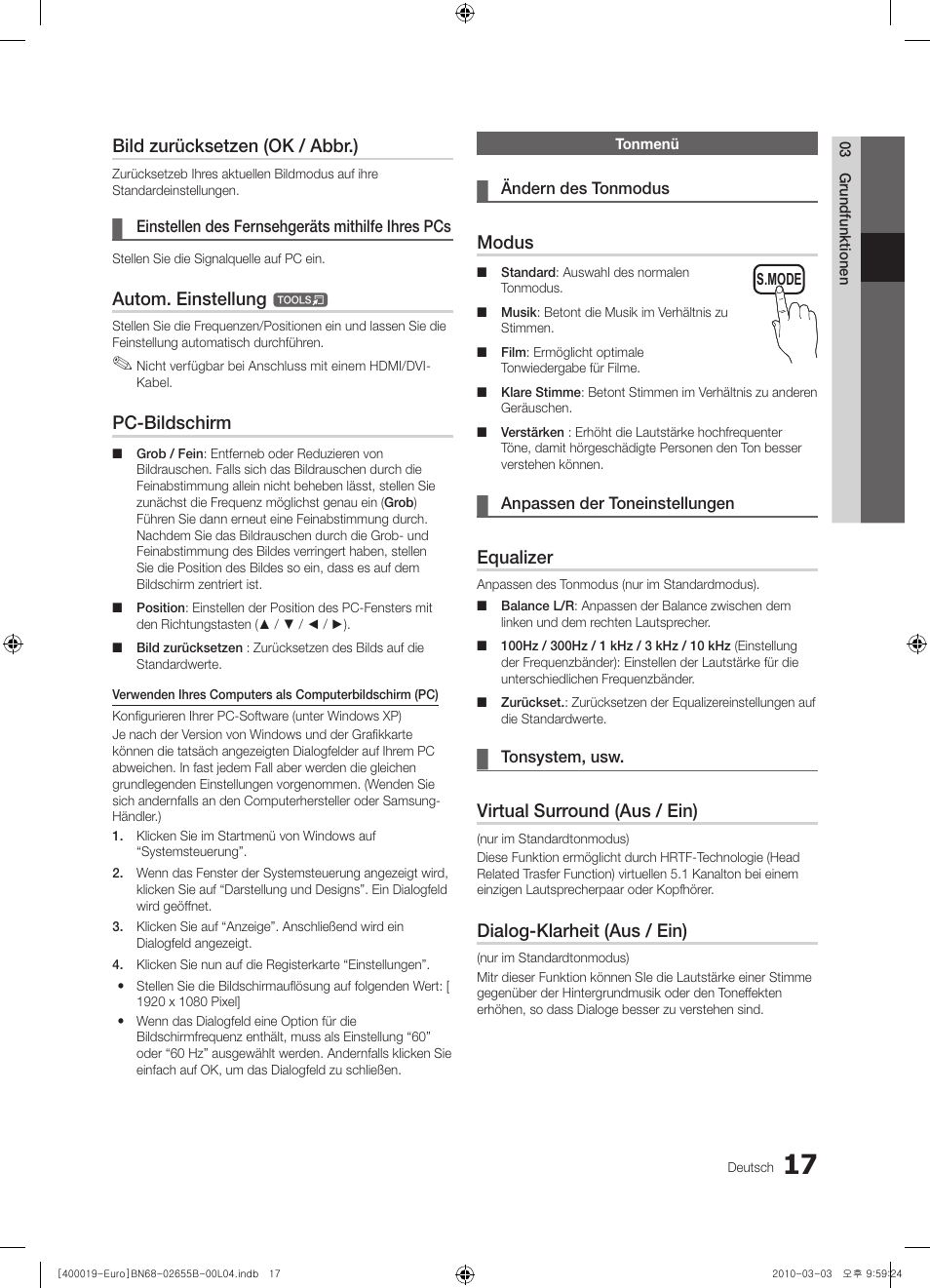 Bild zurücksetzen (ok / abbr.), Autom. einstellung, Pc-bildschirm | Modus, Equalizer, Virtual surround (aus / ein), Dialog-klarheit (aus / ein) | Samsung UE26C4000PW User Manual | Page 59 / 170