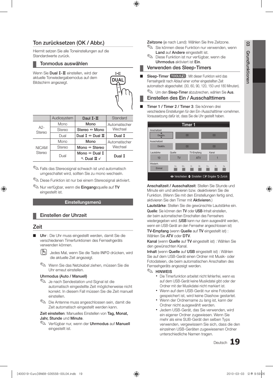 Ton zurücksetzen (ok / abbr.), Zeit | Samsung UE26C4000PW User Manual | Page 61 / 170