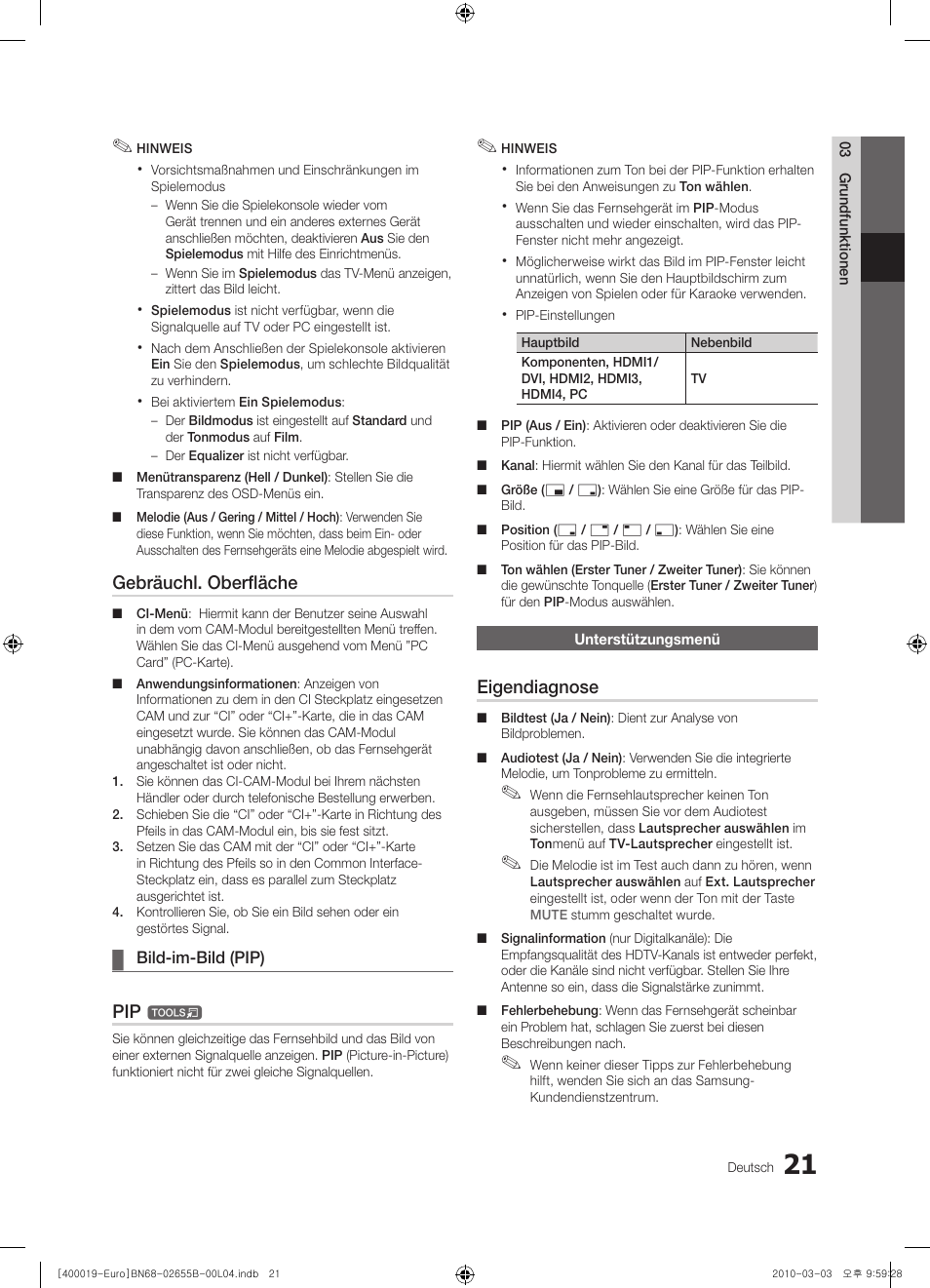 Gebräuchl. oberfläche, Eigendiagnose | Samsung UE26C4000PW User Manual | Page 63 / 170