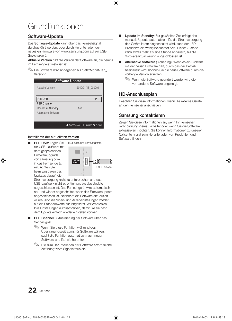 Grundfunktionen, Software-update, Hd-anschlussplan | Samsung kontaktieren | Samsung UE26C4000PW User Manual | Page 64 / 170