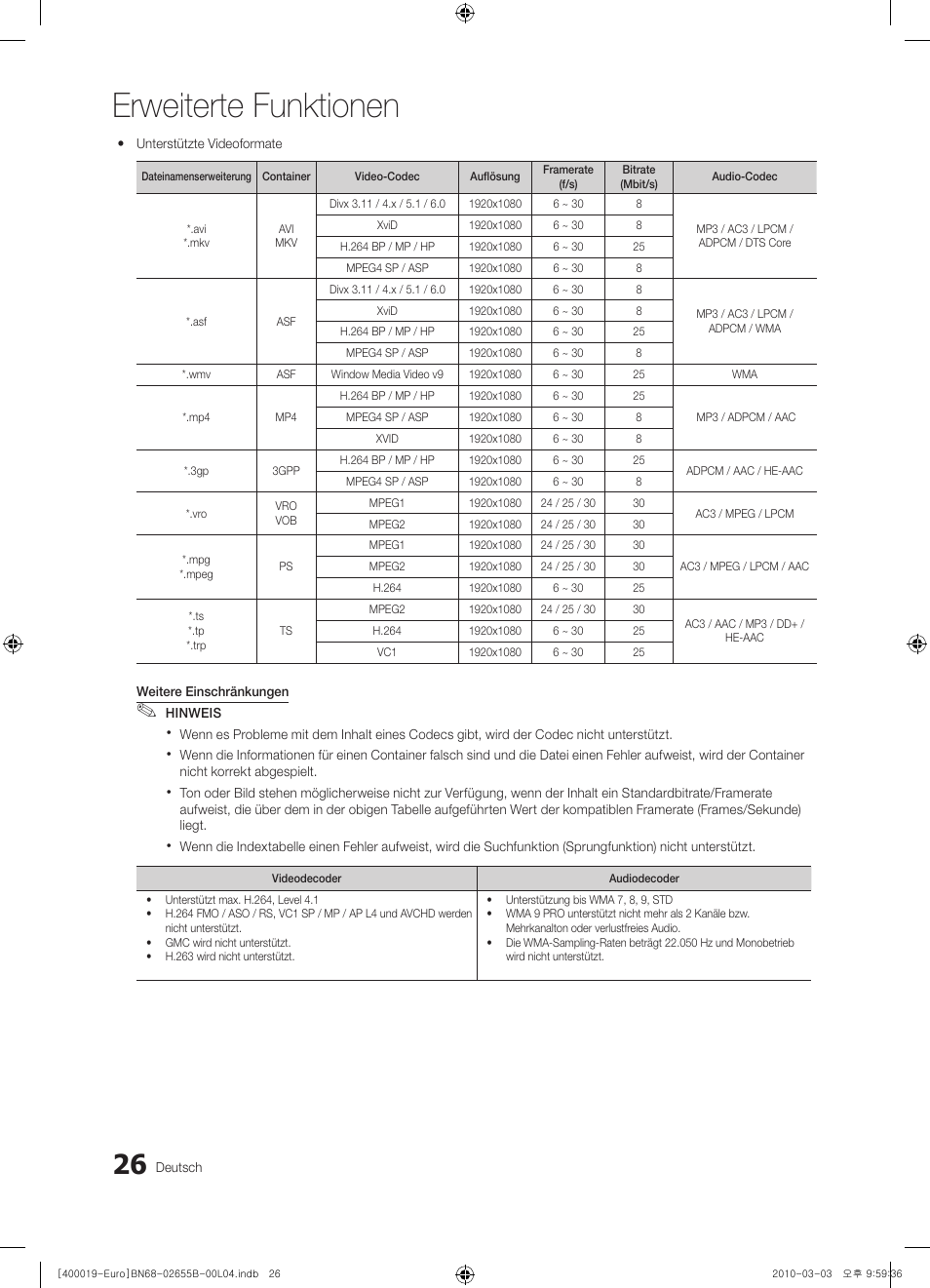Erweiterte funktionen | Samsung UE26C4000PW User Manual | Page 68 / 170