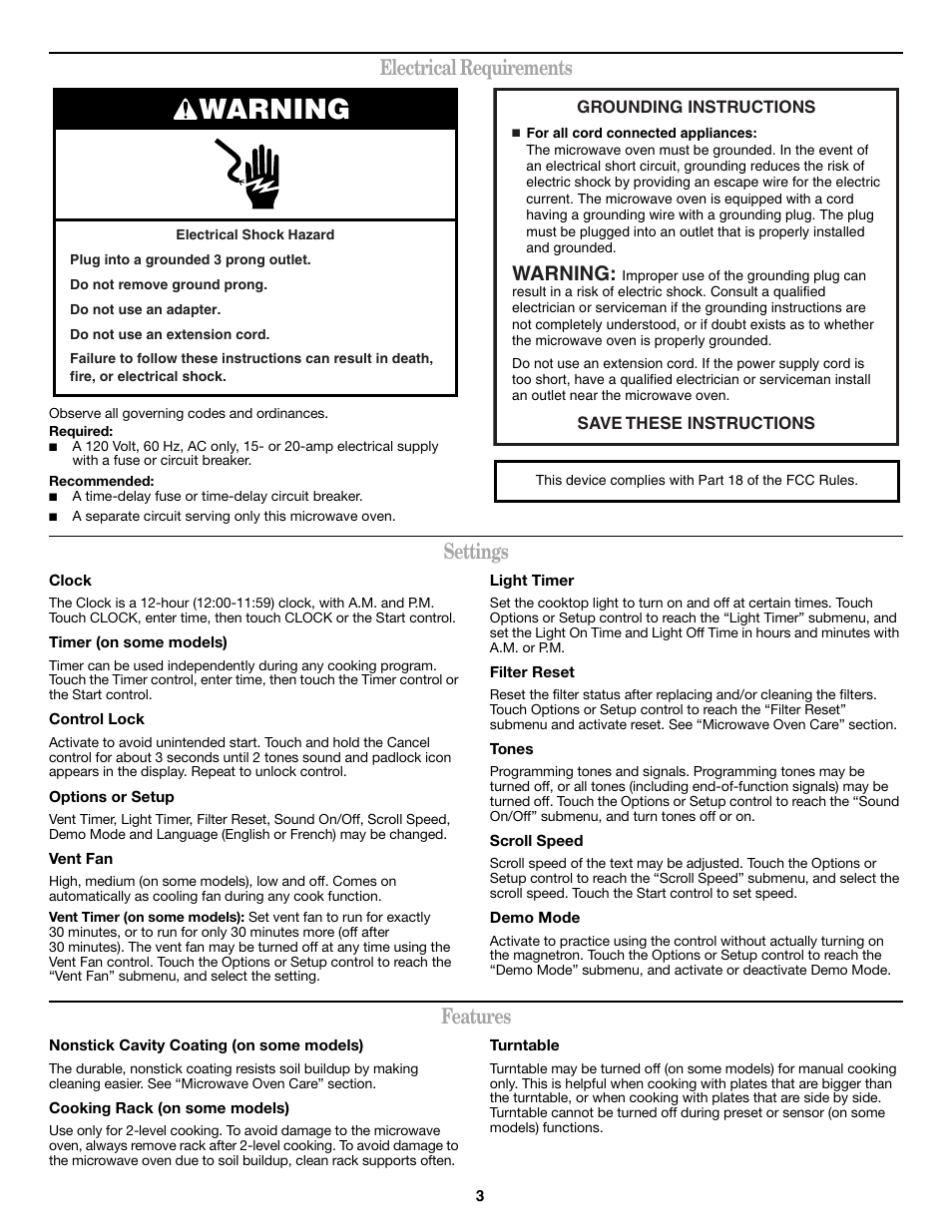 Warning, Electrical requirements, Settings | Features | Amana AMV1160VAW User Manual | Page 3 / 6