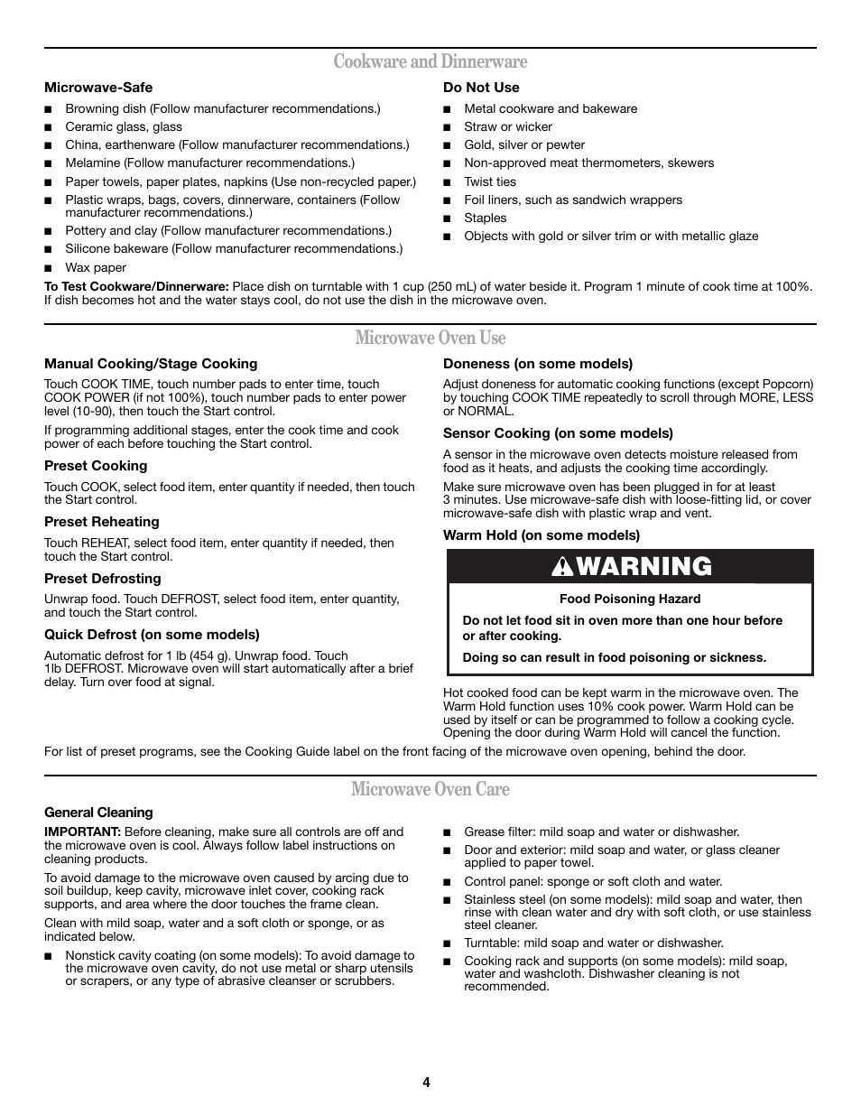 Warning, Cookware and dinnerware, Microwave oven use | Microwave oven care | Amana AMV1160VAW User Manual | Page 4 / 6
