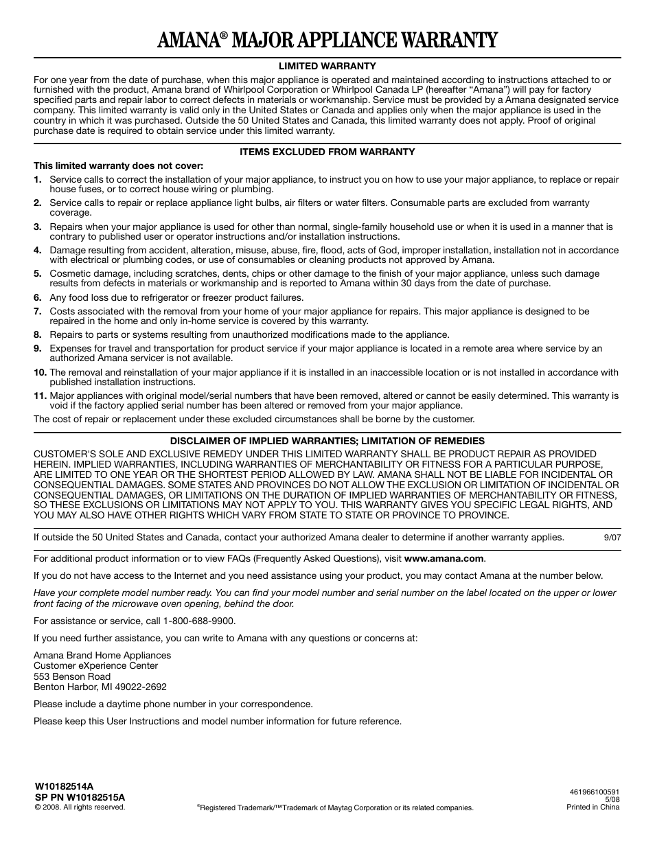 Amana, Major appliance warranty | Amana AMV1160VAW User Manual | Page 6 / 6