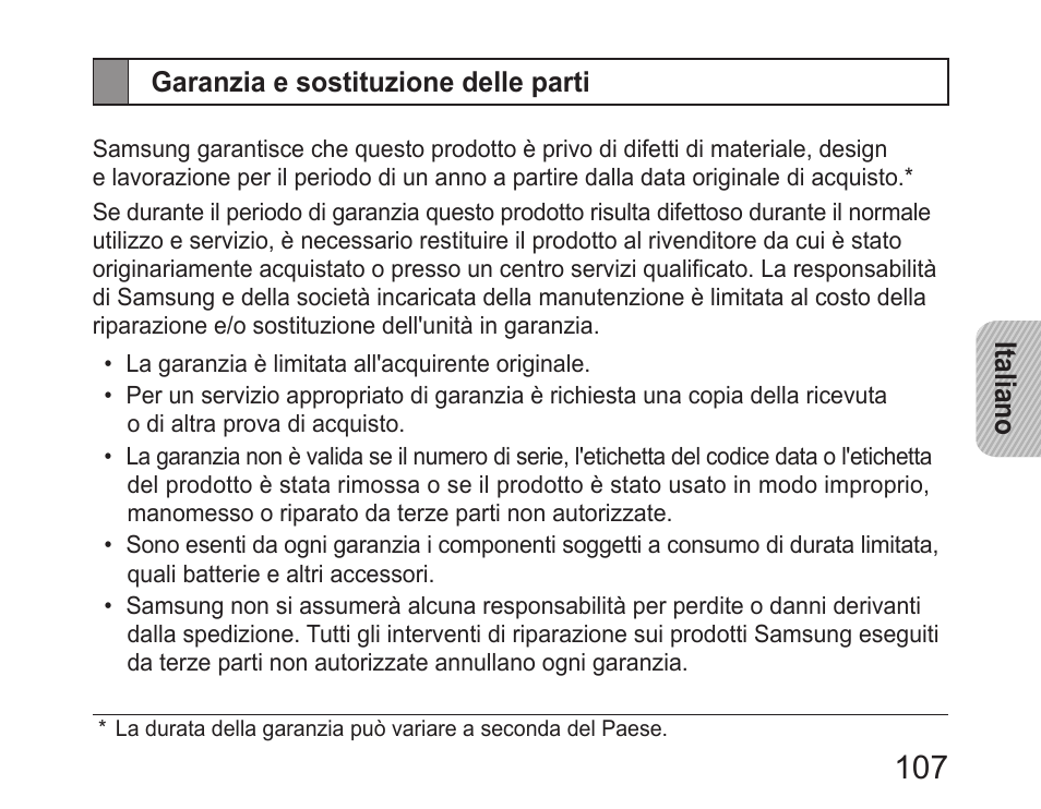 Garanzia e sostituzione delle parti | Samsung HM6450 User Manual | Page 109 / 195