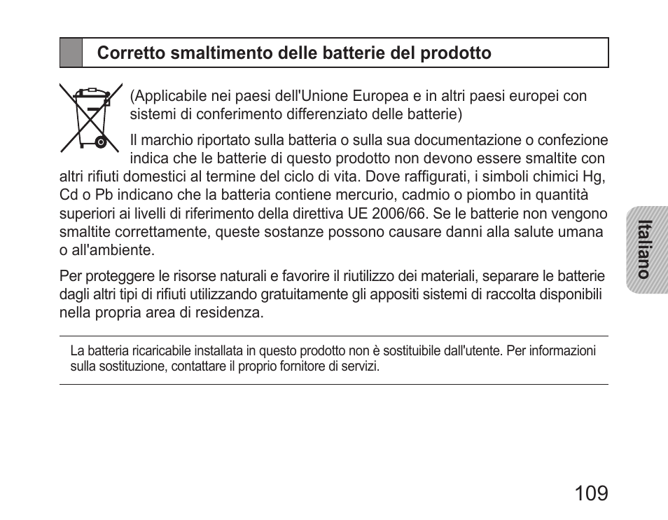 Corretto smaltimento delle batterie del prodotto | Samsung HM6450 User Manual | Page 111 / 195