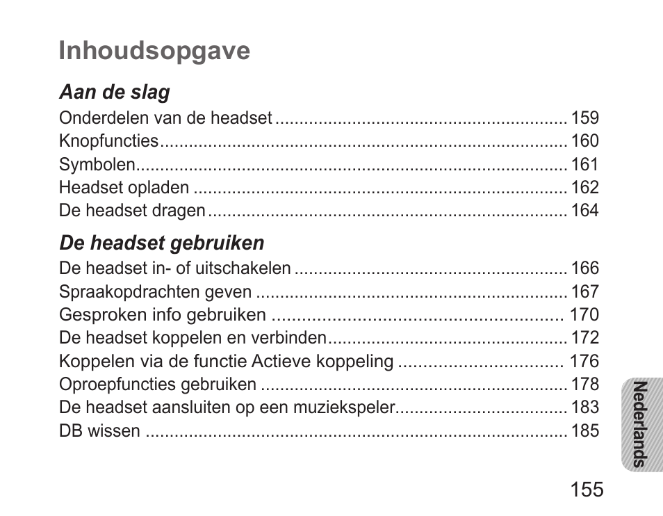 Nederlands, Inhoudsopgave | Samsung HM6450 User Manual | Page 157 / 195